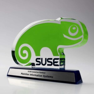 Clear acrylic recognition awards featuring a green gecko design and the suse logo, mounted on a black pedestal with "suse solution partner - mainline information systems" text.