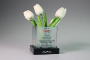 Floral-inspired acrylic deal toy marking Nyver Fund I fundraising milestone with embedded sculptural flowers.