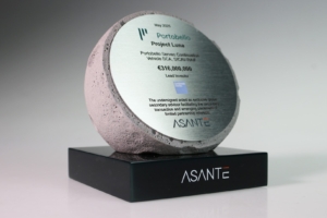 Custom stone-effect deal toy for Portobello Project Luna, marking a €316 million investment transaction.