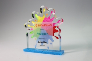 Colourful acrylic financial tombstone created to celebrate Sudarshan acquisition of Heubach.