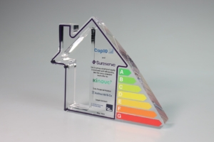 Bespoke energy-rating themed financial tombstone with stepped colour indicators in clear acrylic.